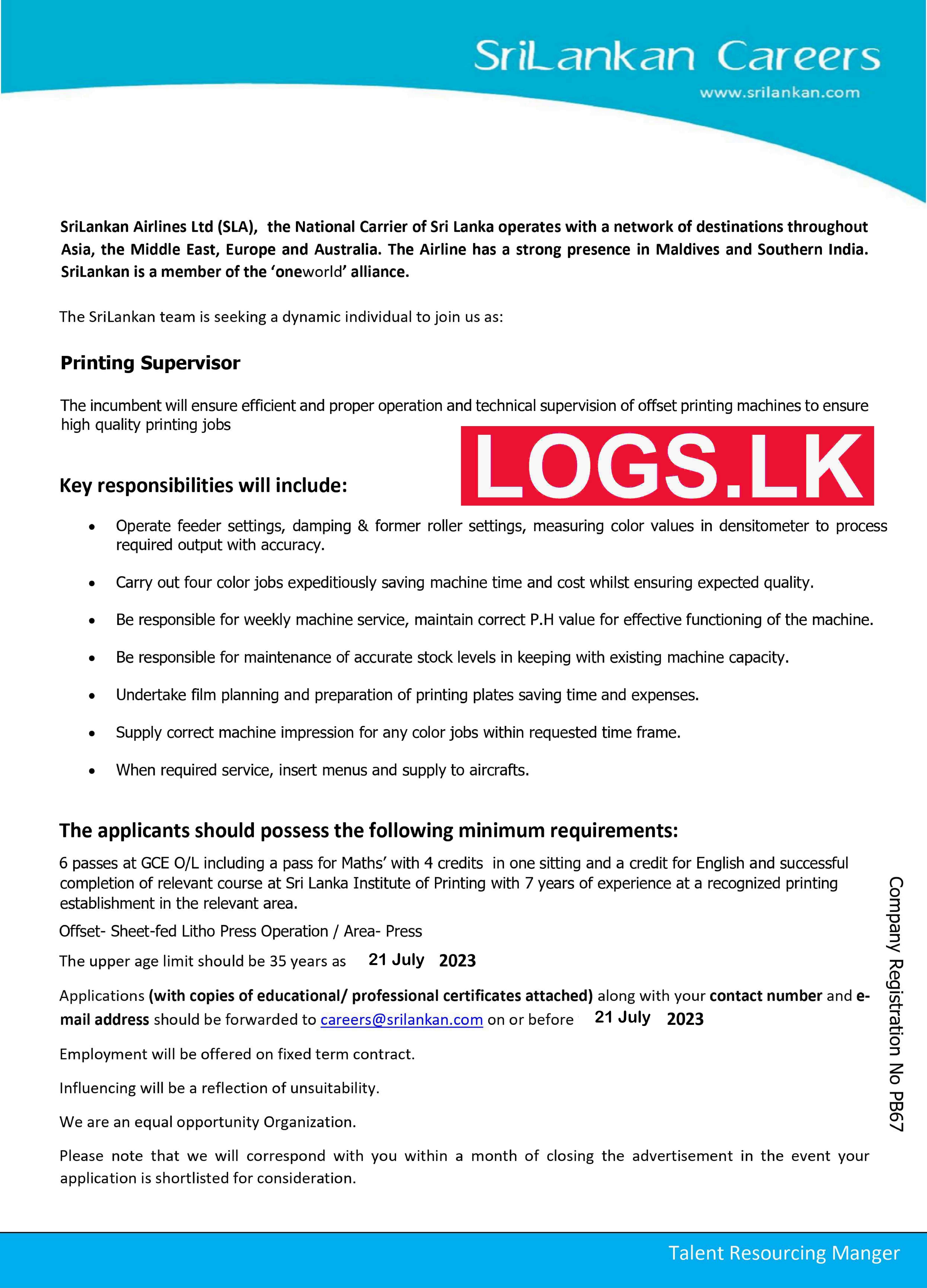 Printing Supervisor - Sri Lankan Airlines Vacancies 2023 Application Form, Details Download. Apply Online