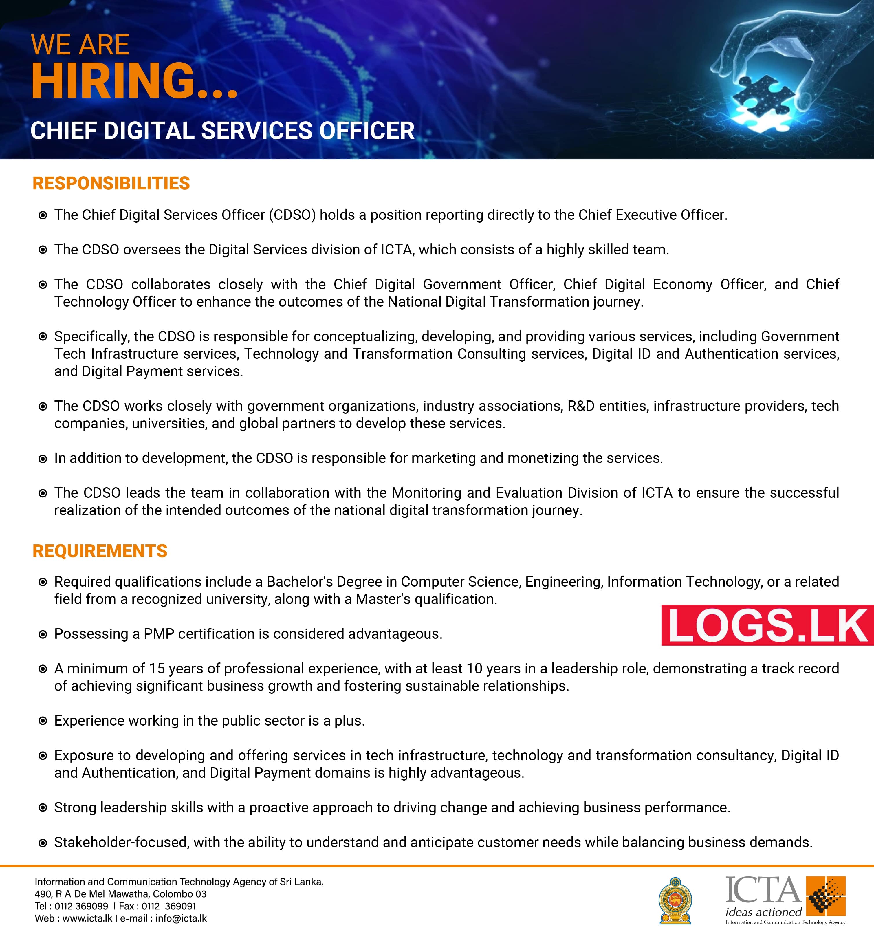 Chief Digital Services Officer - ICT Agency of Sri Lanka Vacancies 2023 Application Form. Apply Online