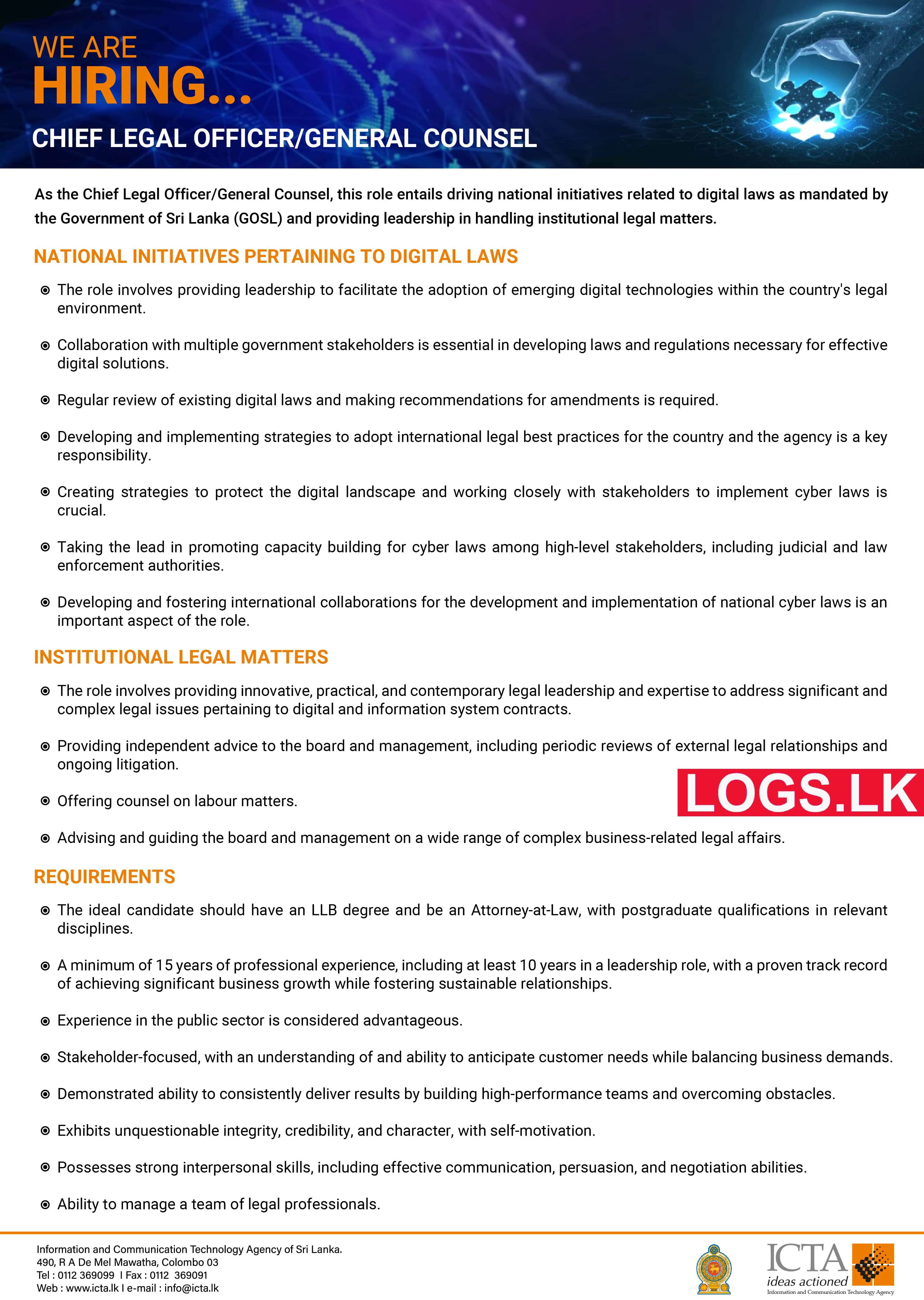 Chief Legal Officer - ICT Agency of Sri Lanka Vacancies 2023 Application Form