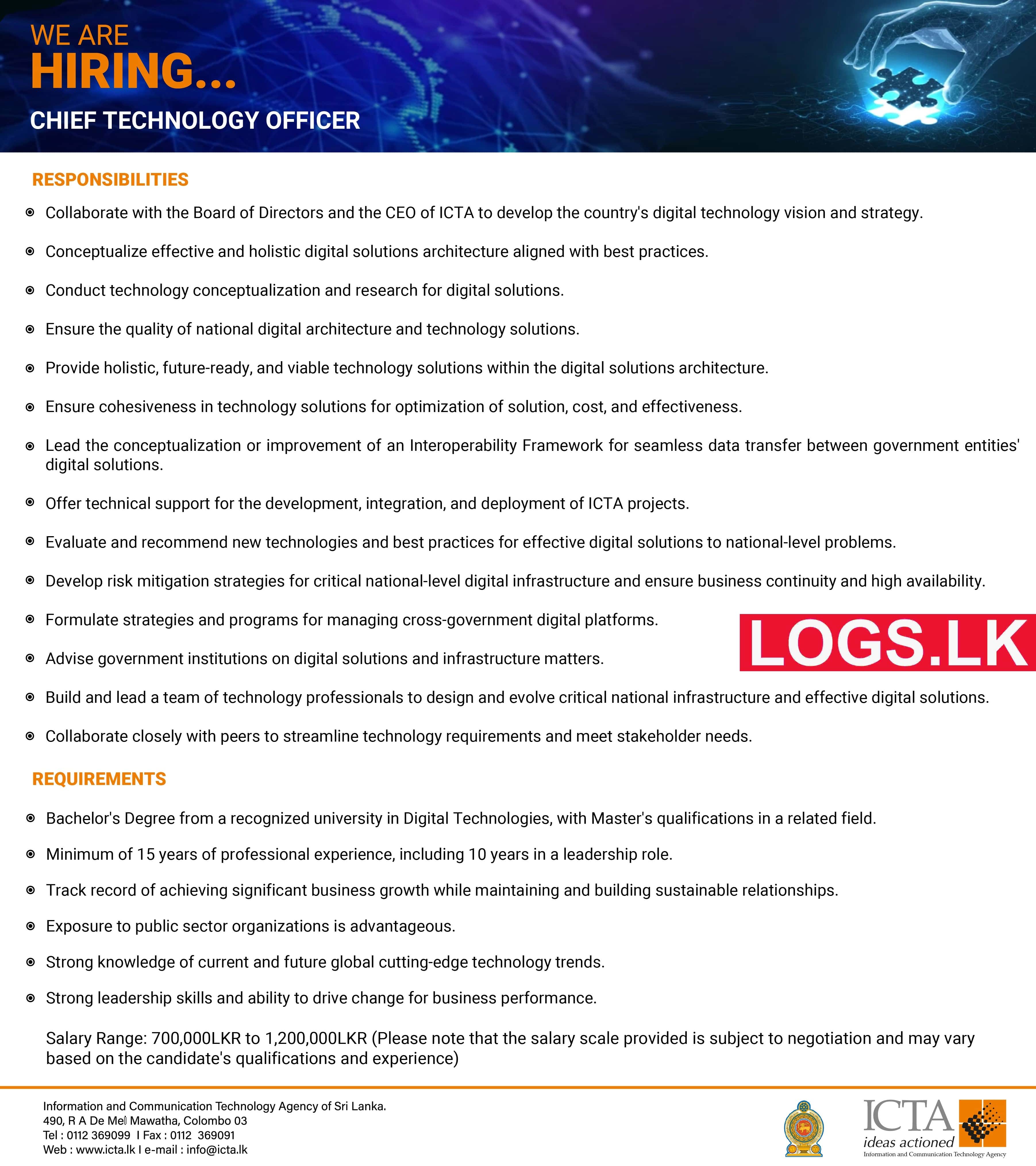 Chief Technology Officer - ICT Agency of Sri Lanka Vacancies 2023 Application