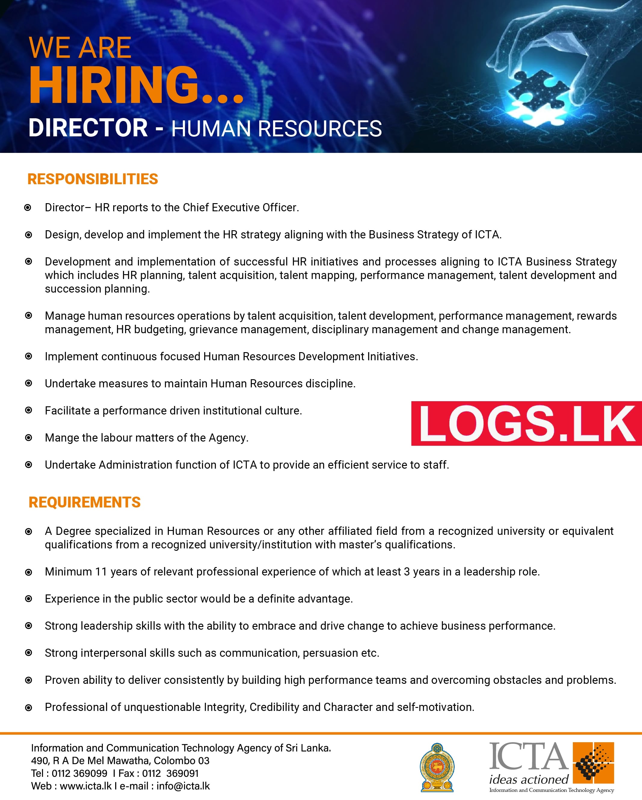 Director (HR) - ICTA Sri Lanka Job Vacancies 2023 Application Form