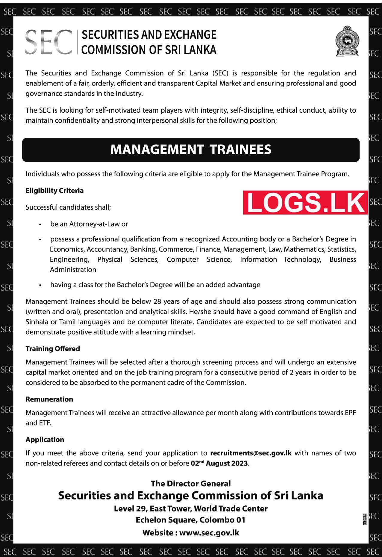 Management Trainees - SEC Sri Lanka Job Vacancies 2023 Application Form, Details Download