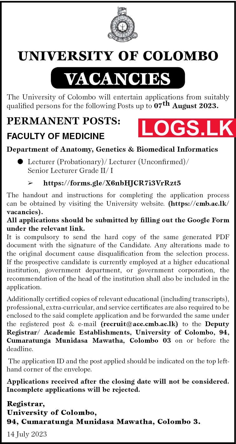 Lecturer - Faculty of Medicine University of Colombo Vacancies 2023 Application Form, Details Download