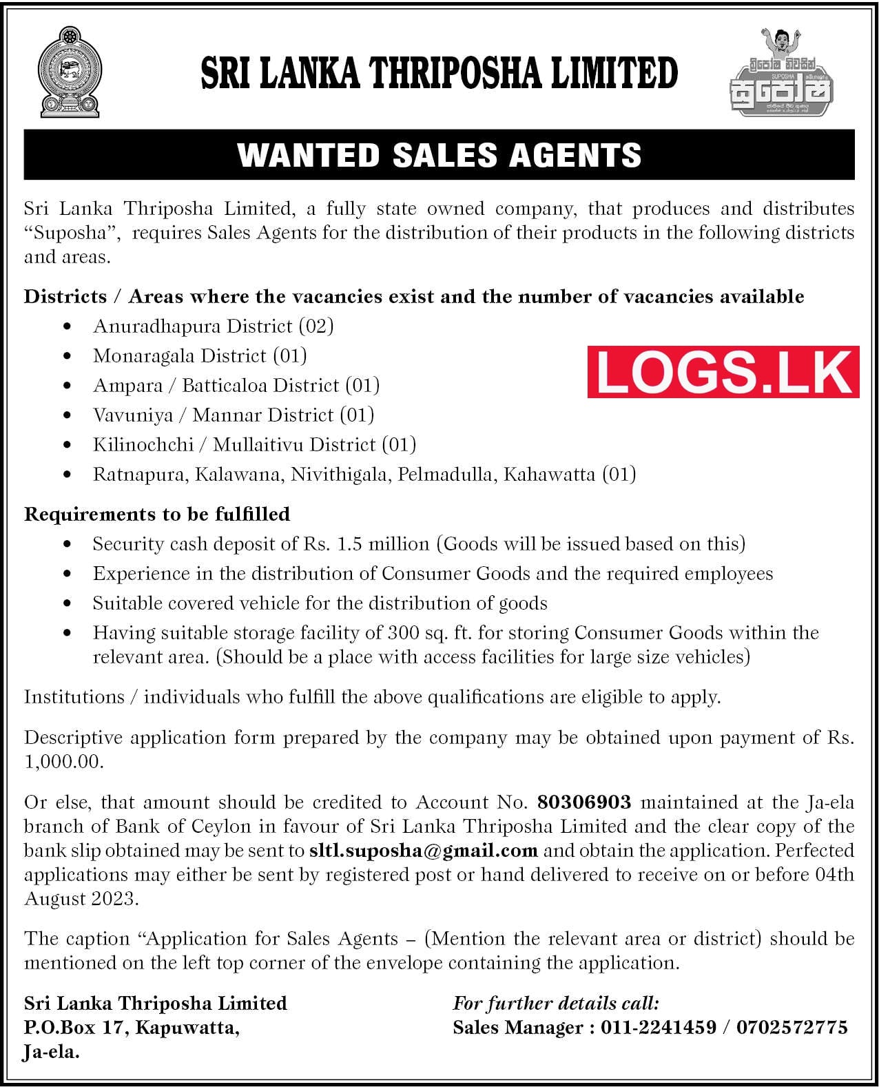 Sri Lanka Thriposha Limited Sales Agents Job Vacancy 2023 Application Form Download