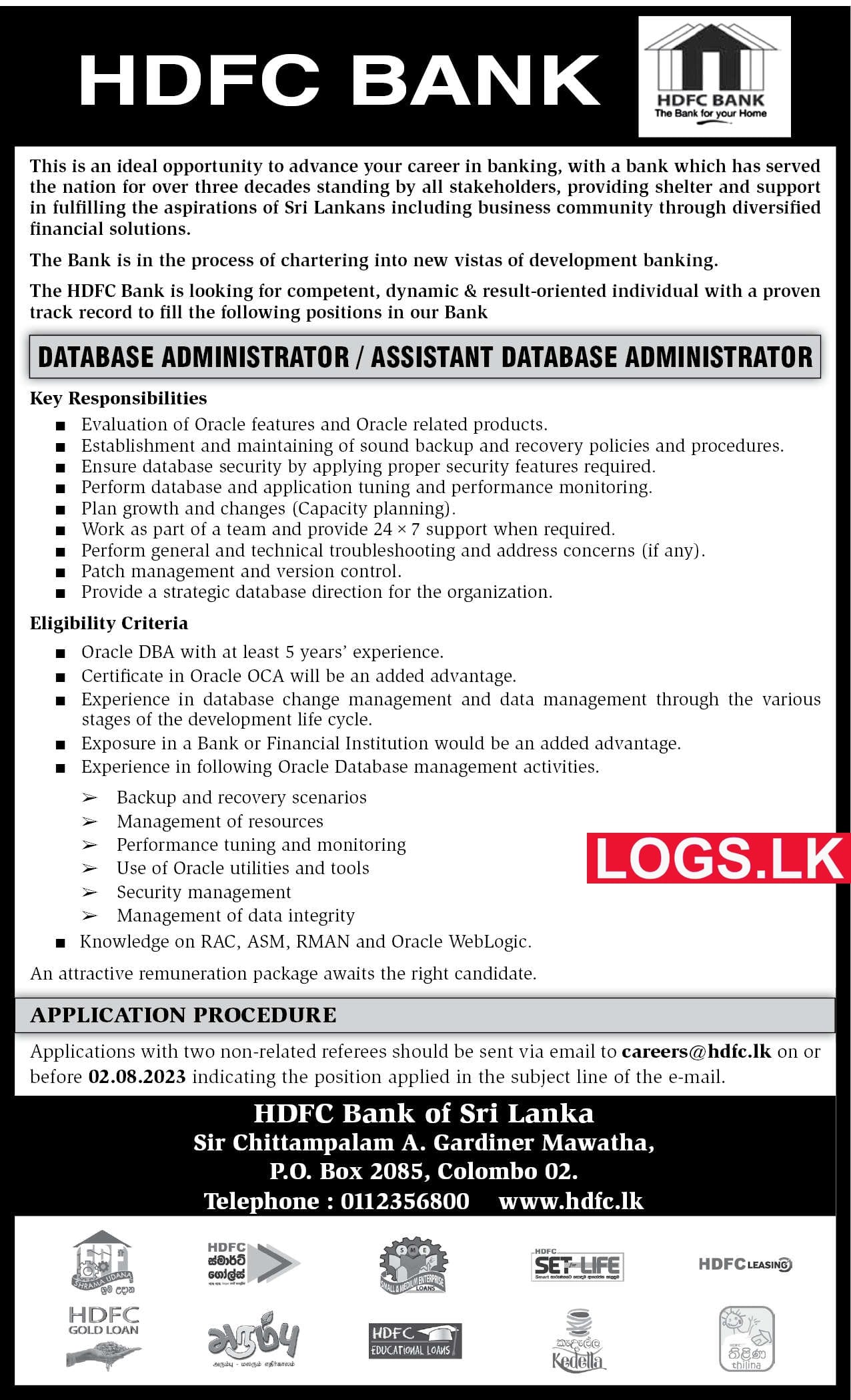 Database Administrator - HDFC Bank Job Vacancies 2023 Application Form, Details Download