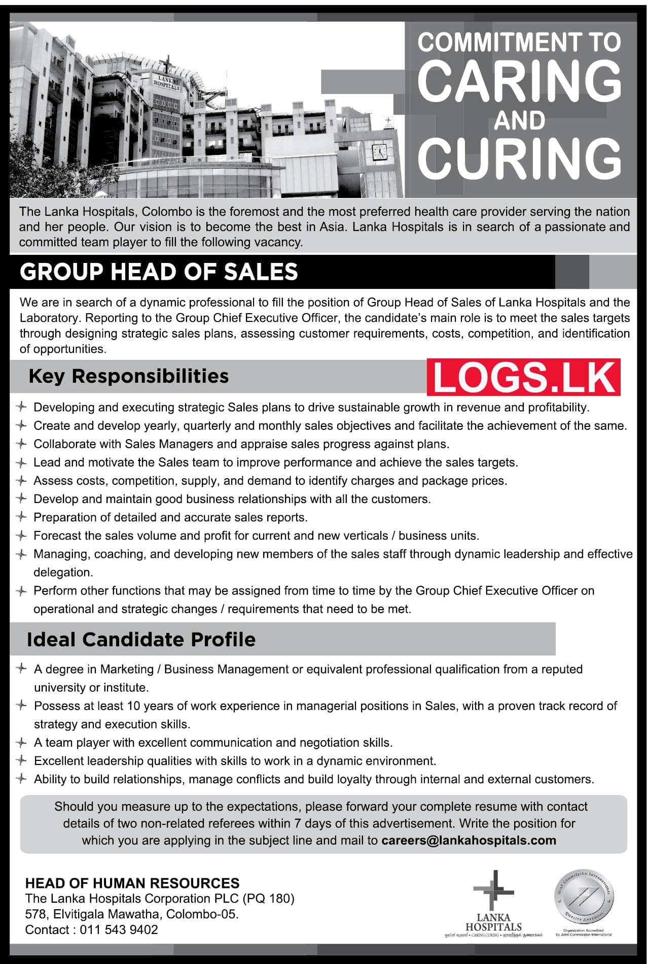 Group Head of Sales - Lanka Hospitals Job Vacancies 2023 Application Form, Details Download