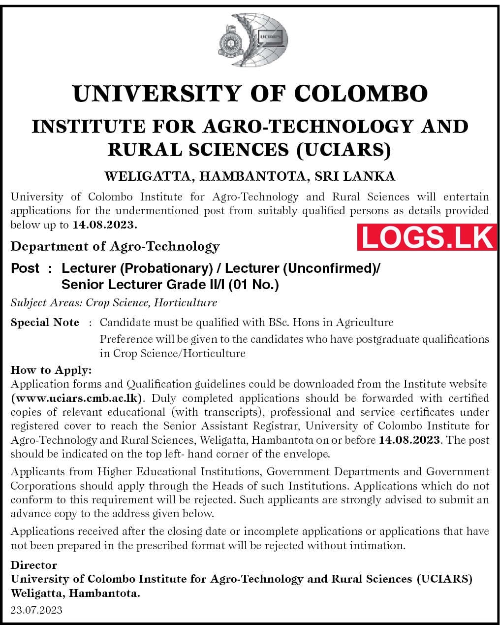 Lecturer / Senior Lecturer (UCIARS) - University of Colombo Vacancies 2023 Application Form, Details Download