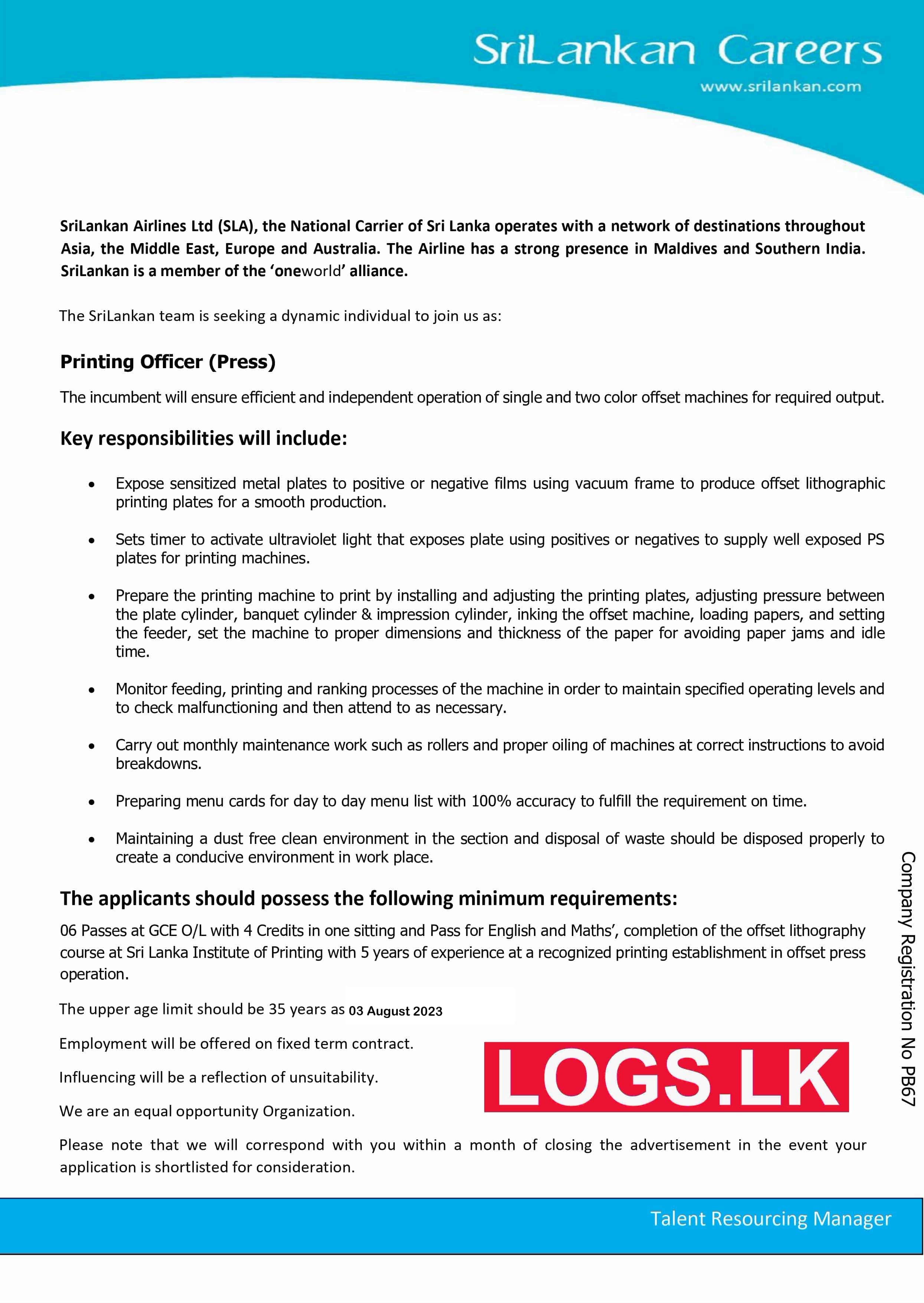 Printing Officer - Sri Lankan Airlines Vacancies 2023 Application Form, Details Download