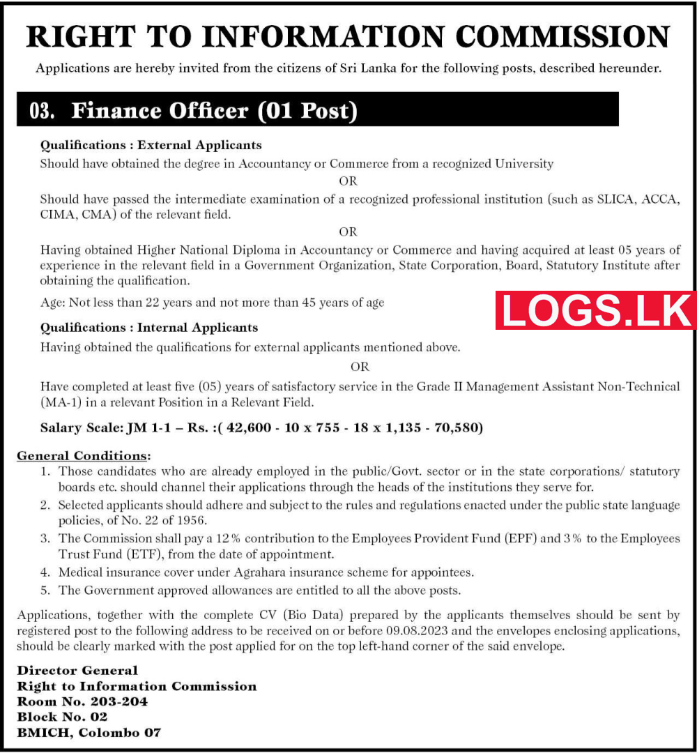 Finance Officer - Right to Information Commission Vacancies 2023 Application Form, Details Download
