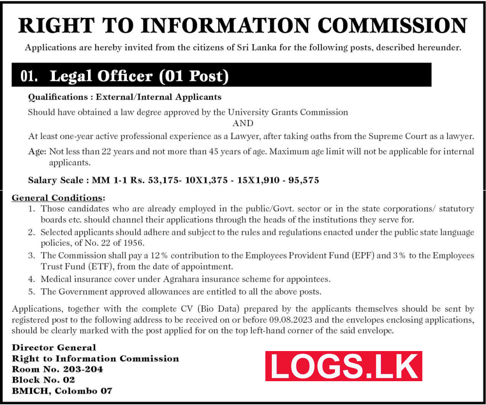 Legal Officer - Right to Information Commission Vacancies 2023 Application, Details Download