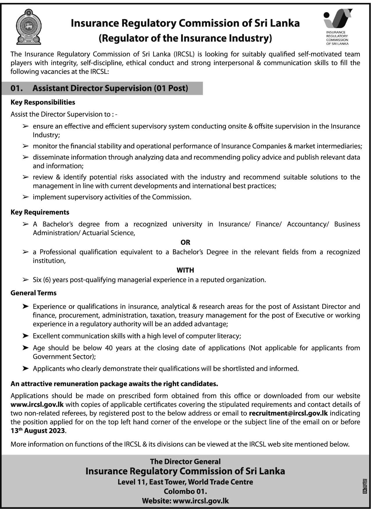 Assistant Director Supervision - Insurance Regulatory Commission of Sri Lanka Vacancies 2023 Application