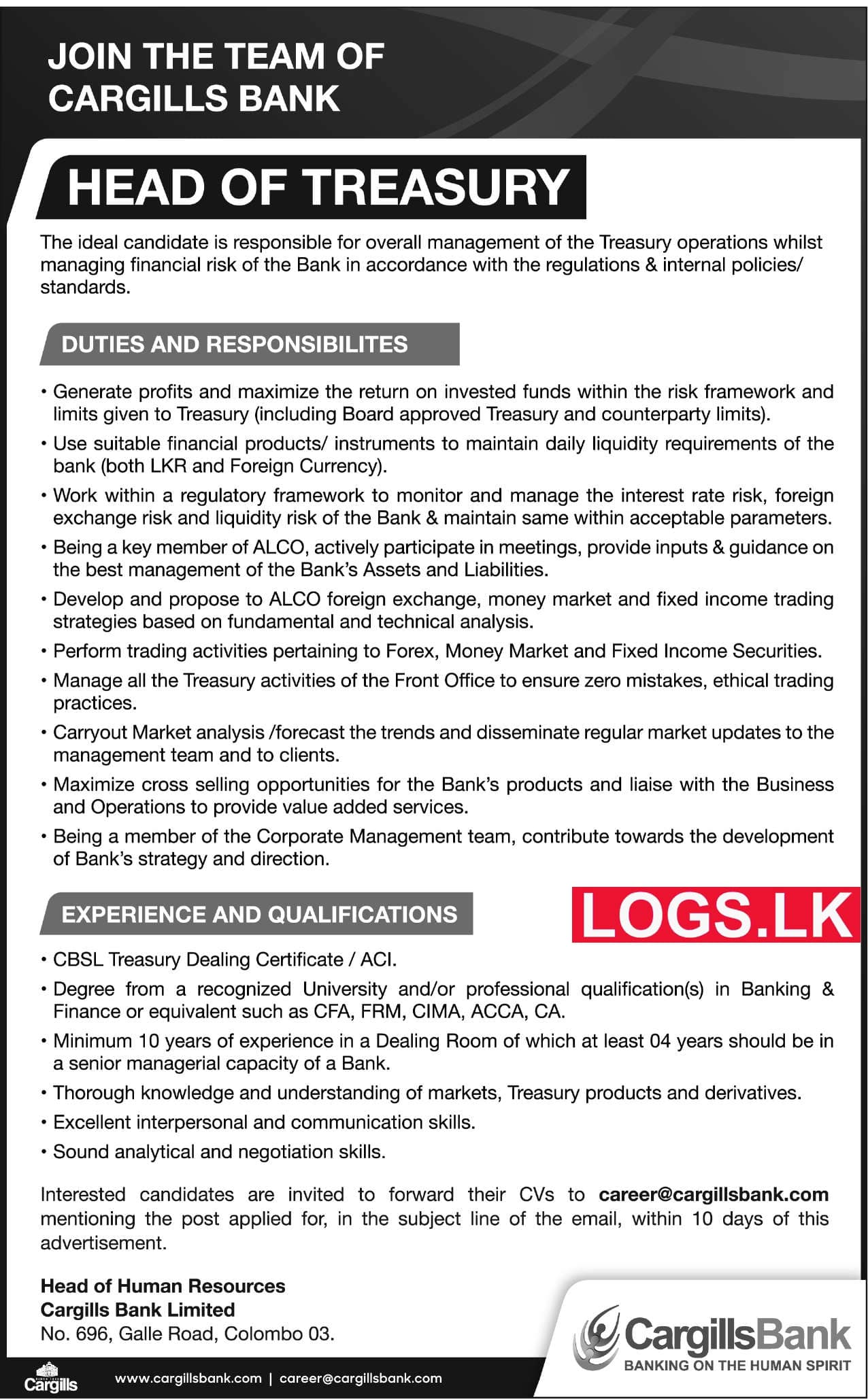 Head of Treasury - Cargills Bank Job Vacancies 2023 Application Form, Details Download