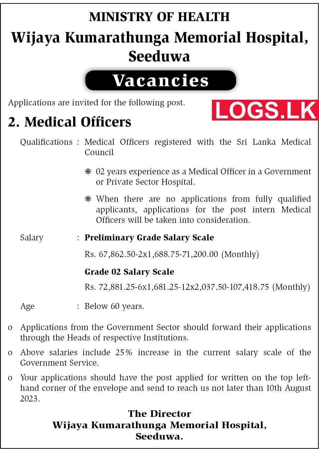 Medical Officers - Wijaya Kumarathunga Memorial Hospital Vacancies 2023