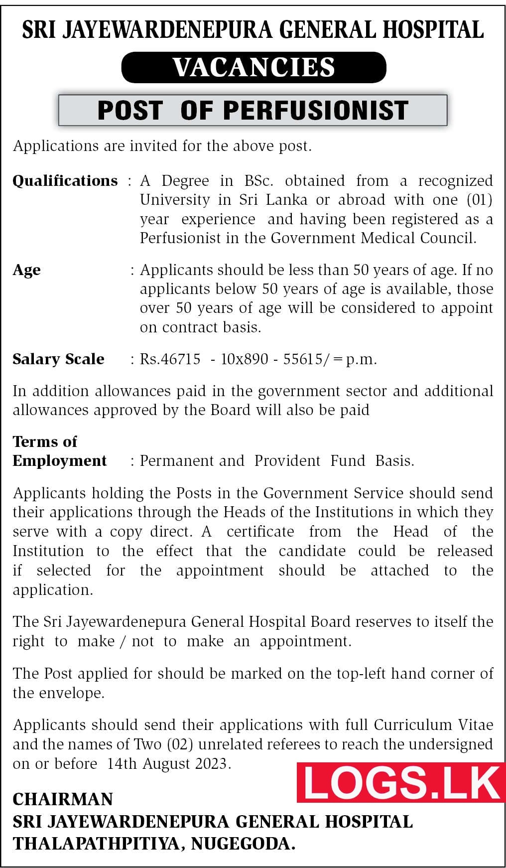 Perfusionist - Sri Jayewardenepura General Hospital Job Vacancies 2023 Application Form