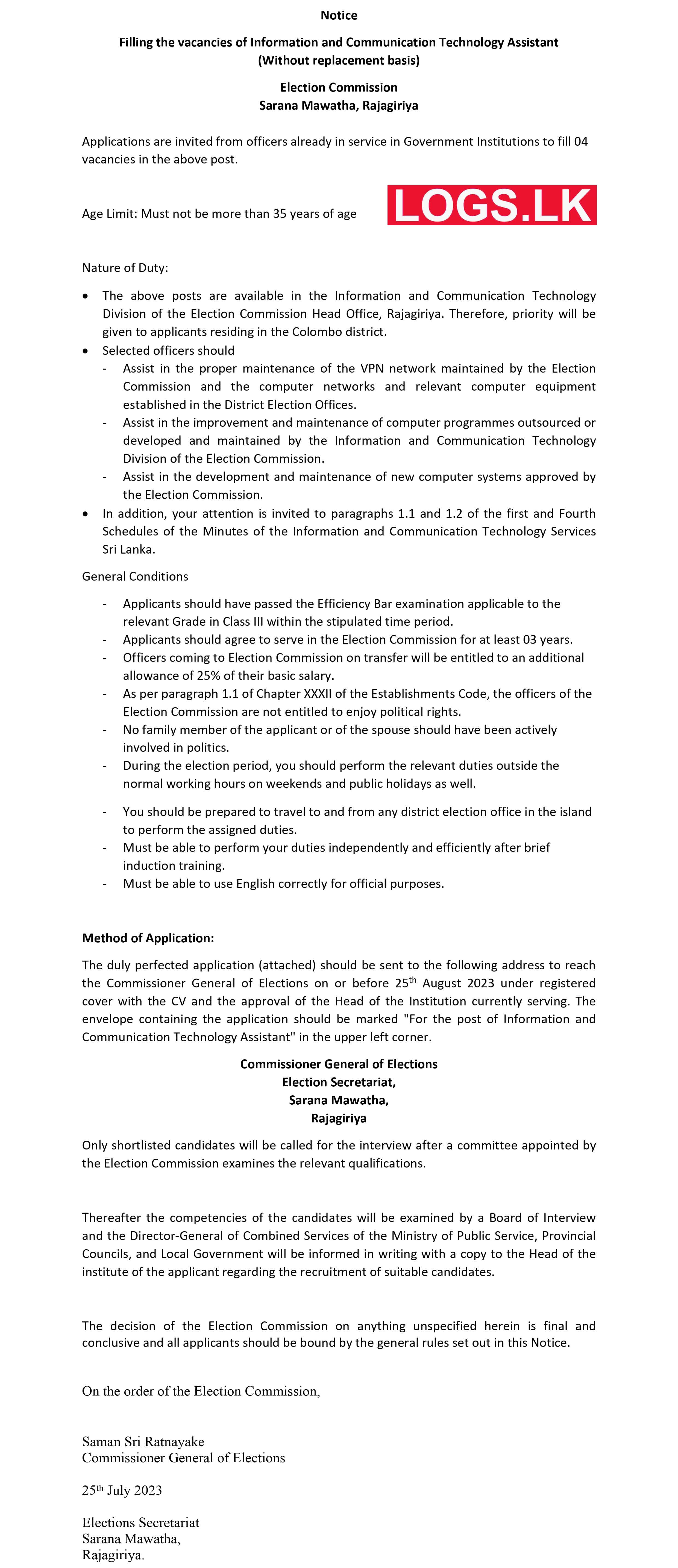 ICT Assistant - Election Commission of Sri Lanka Vacancies 2023 Application Form, Details Download