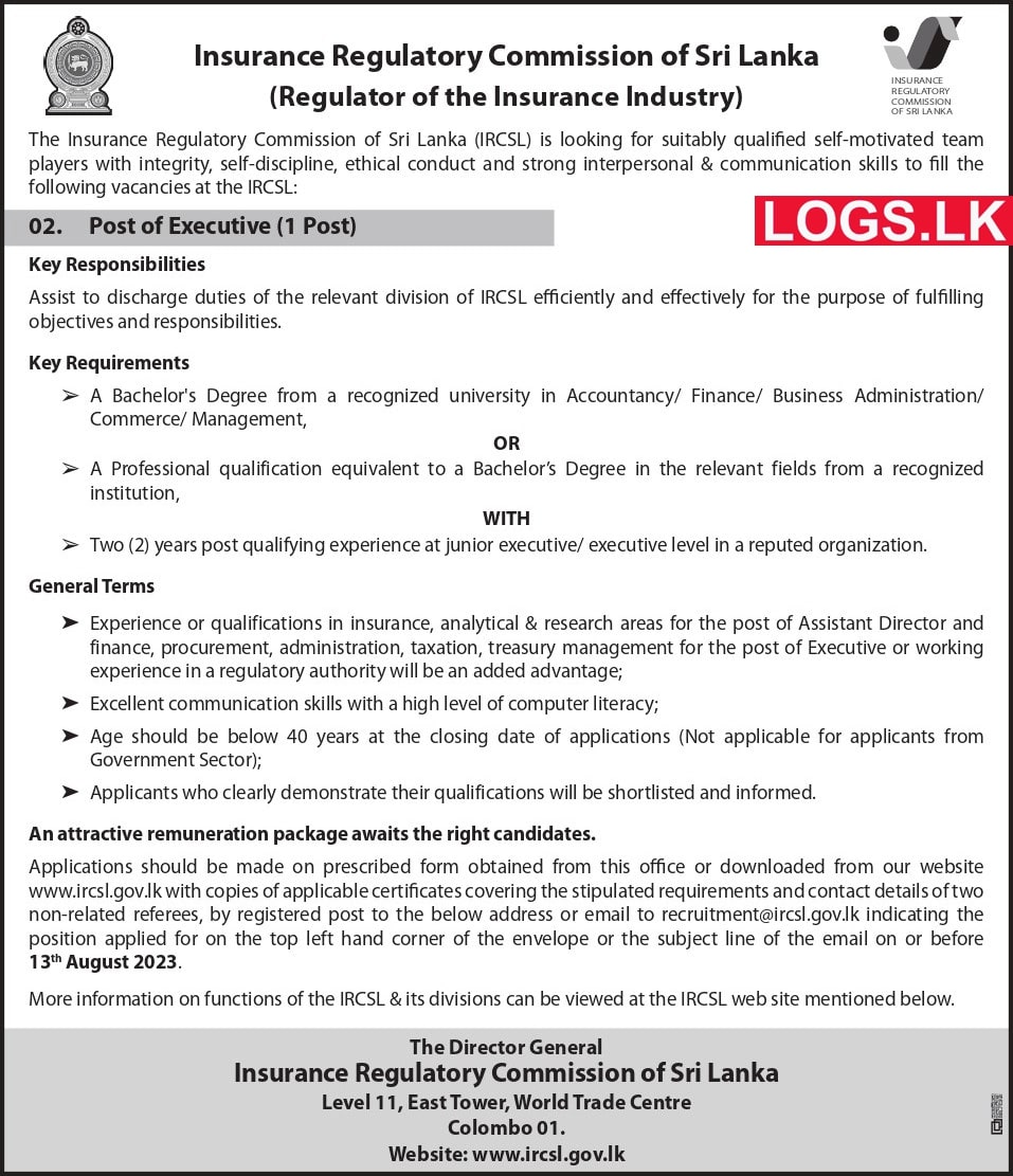 Executive - Insurance Regulatory Commission of Sri Lanka Vacancies 2023 Application Form