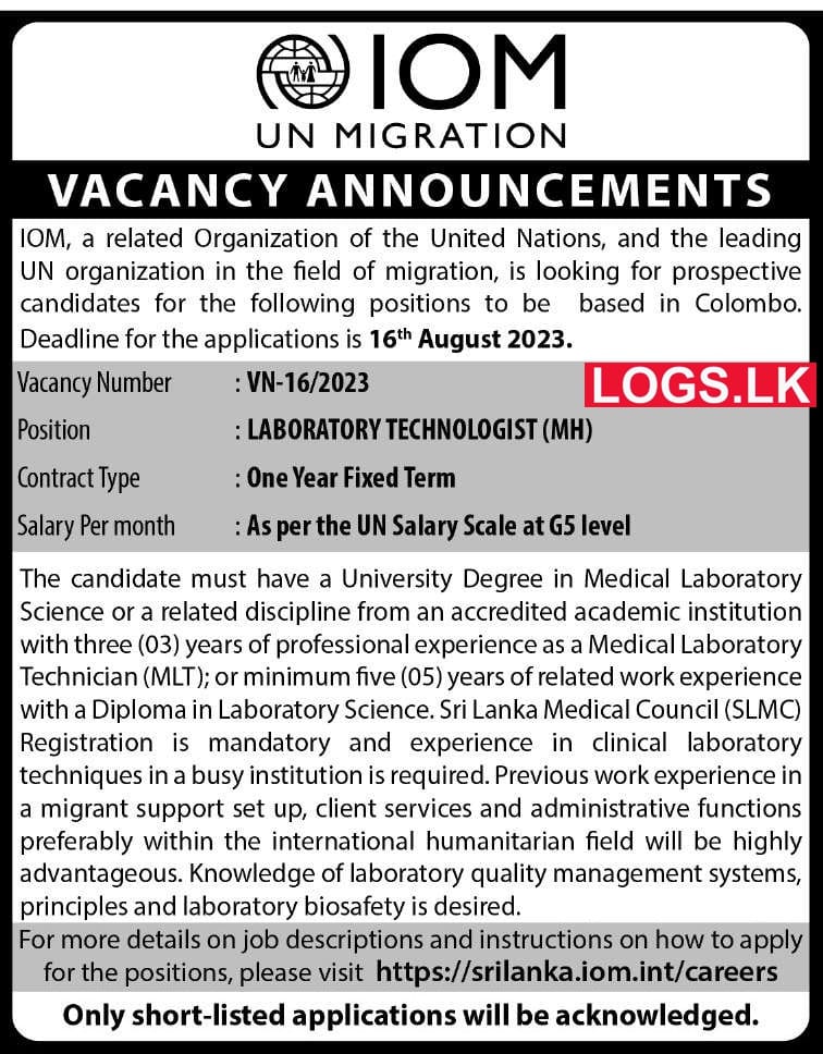 Laboratory Technologist (MH) - IOM UN Migration Vacancies 2023 Application Form