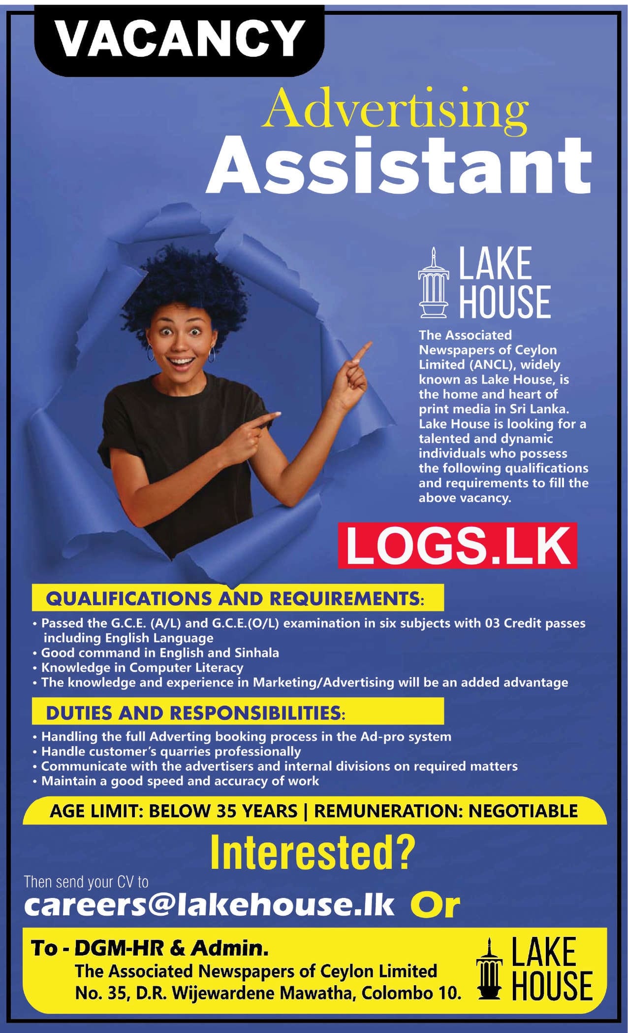 Advertising Assistant - Lake House Vacancies 2023 Application Form