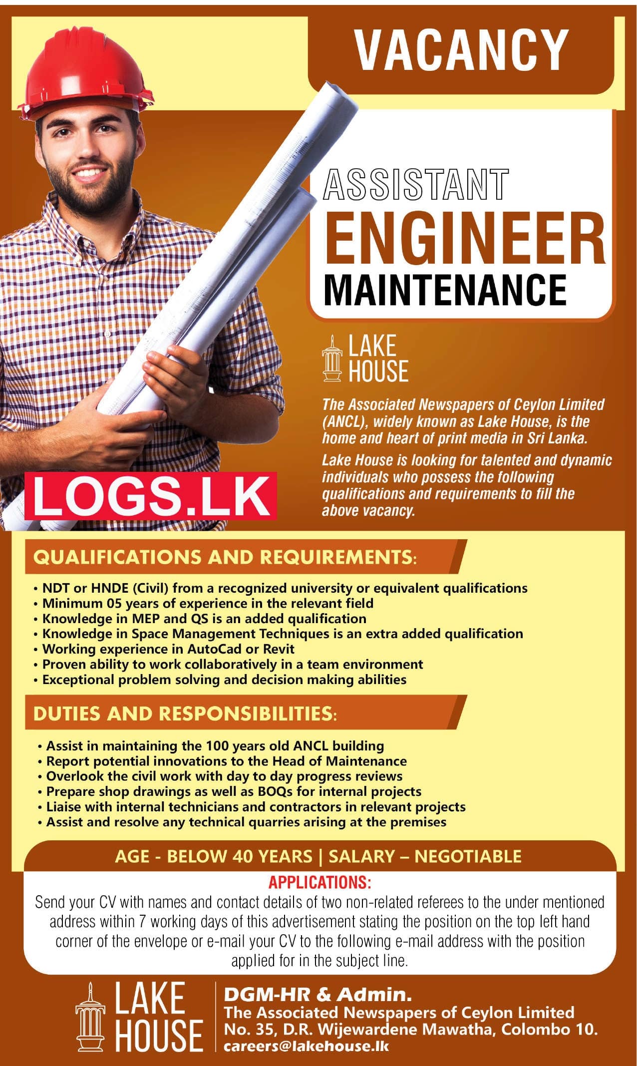 Assistant Maintainance Engineer - Lake House Vacancies 2023 Application Form