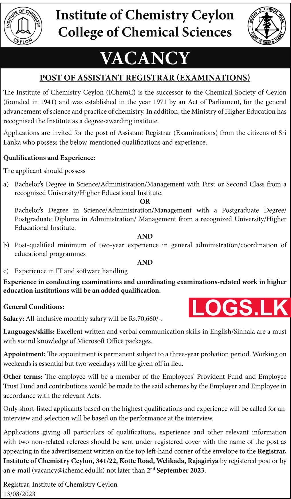 Assistant Registrar - Institute of Chemistry Ceylon Vacancies 2023 Application Form
