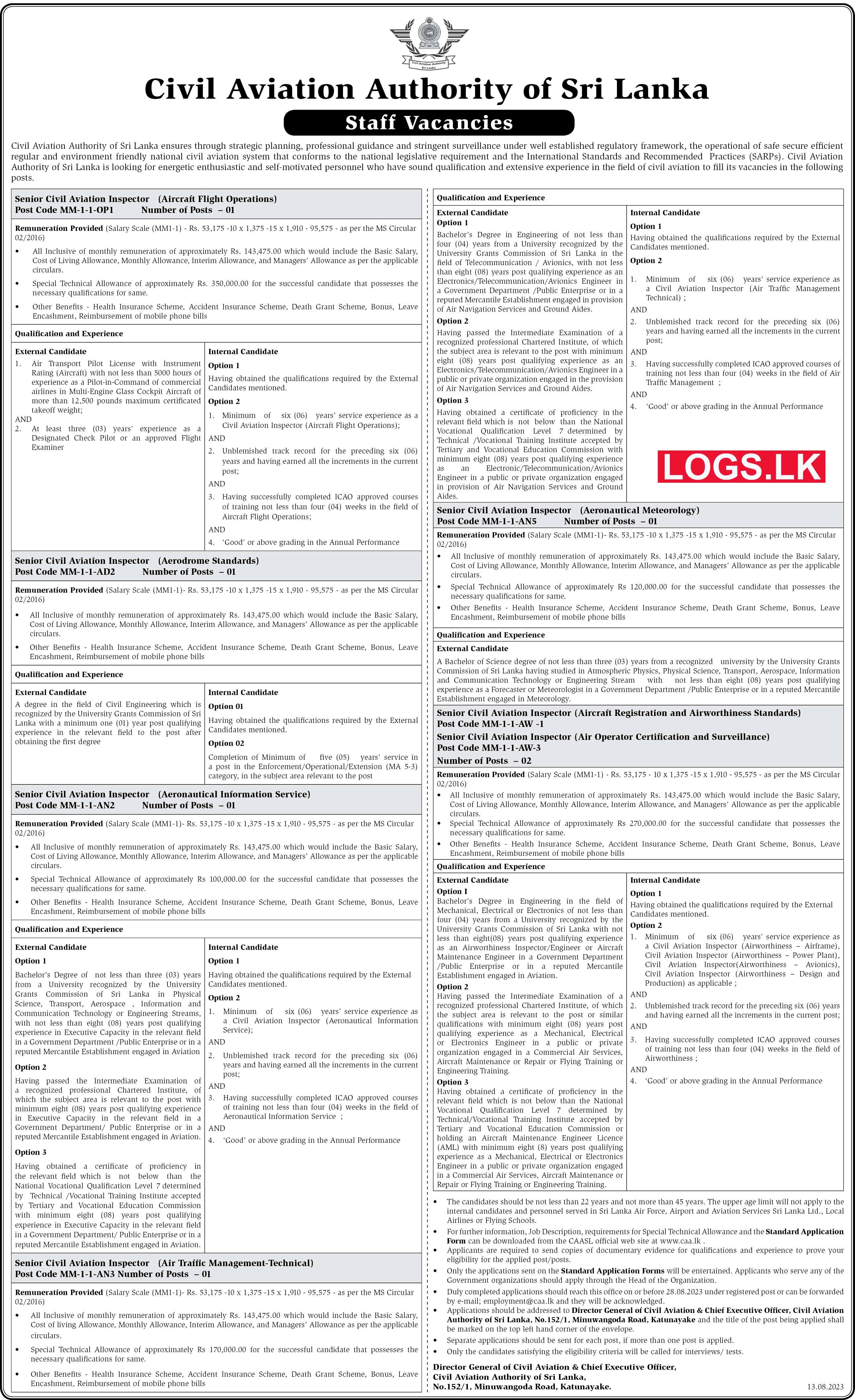 Civil Aviation Authority of Sri Lanka Job Vacancies 2023 Application Form, Details Download