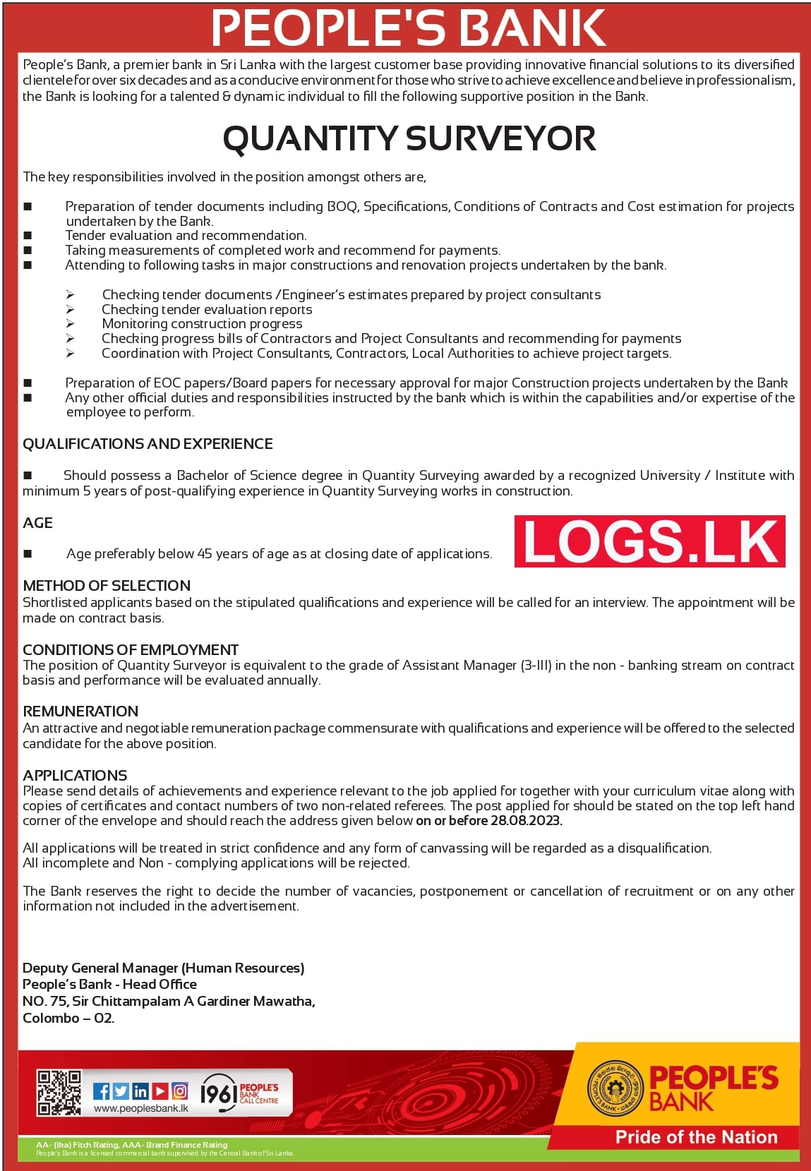 Quantity Surveyor - Peoples Bank Job Vacancies 2023 Application Form, Details Download