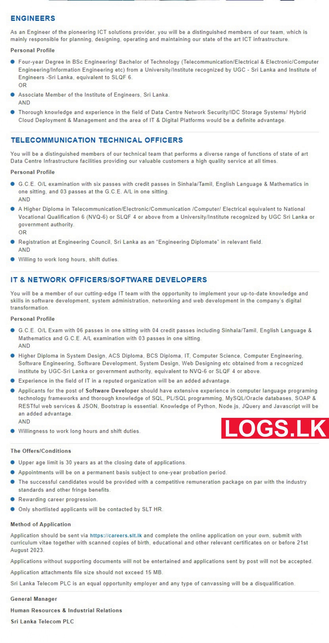 Software Developer / Engineer / Technical Officer - SLT Mobitel Vacancies 2023 Application Form, Details Download