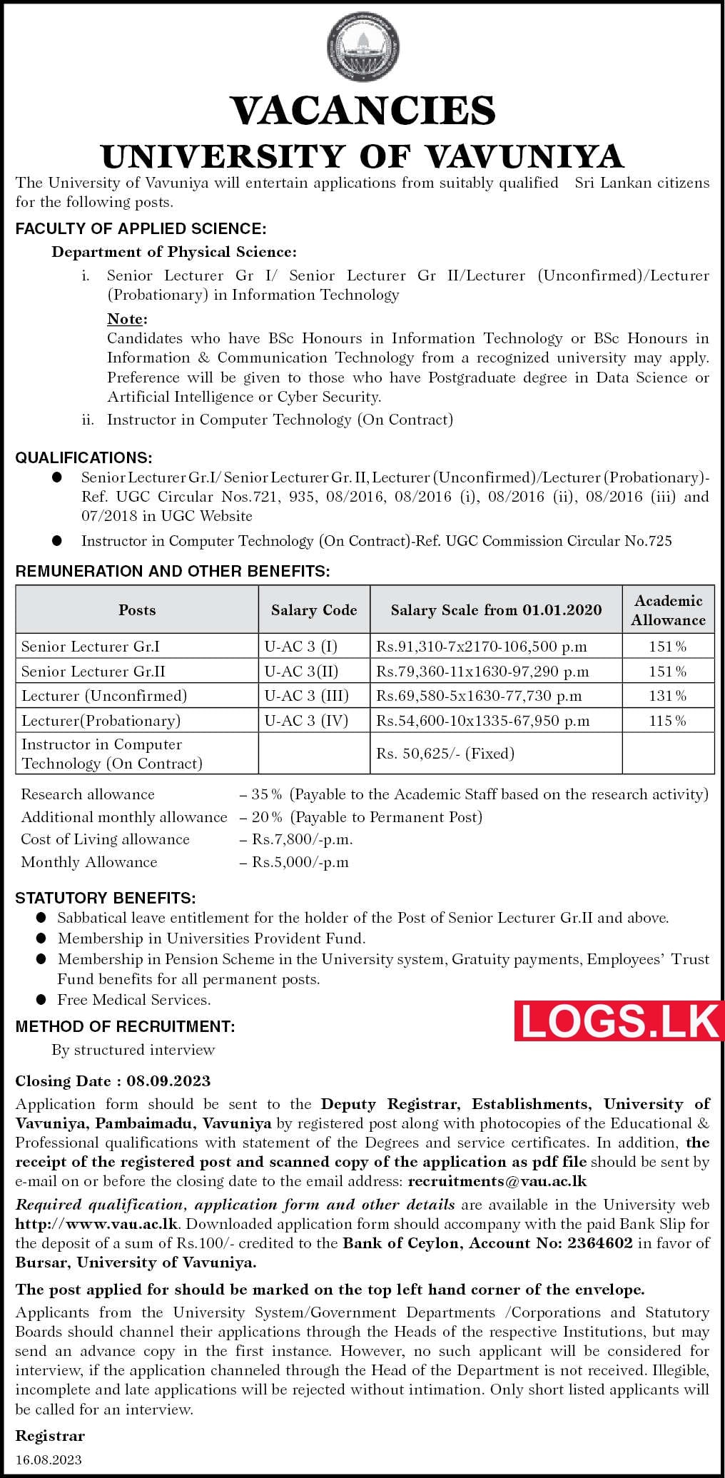 Lecturer / Instructor - University of Vavuniya Job Vacancies 2023 Application Form, Details Download