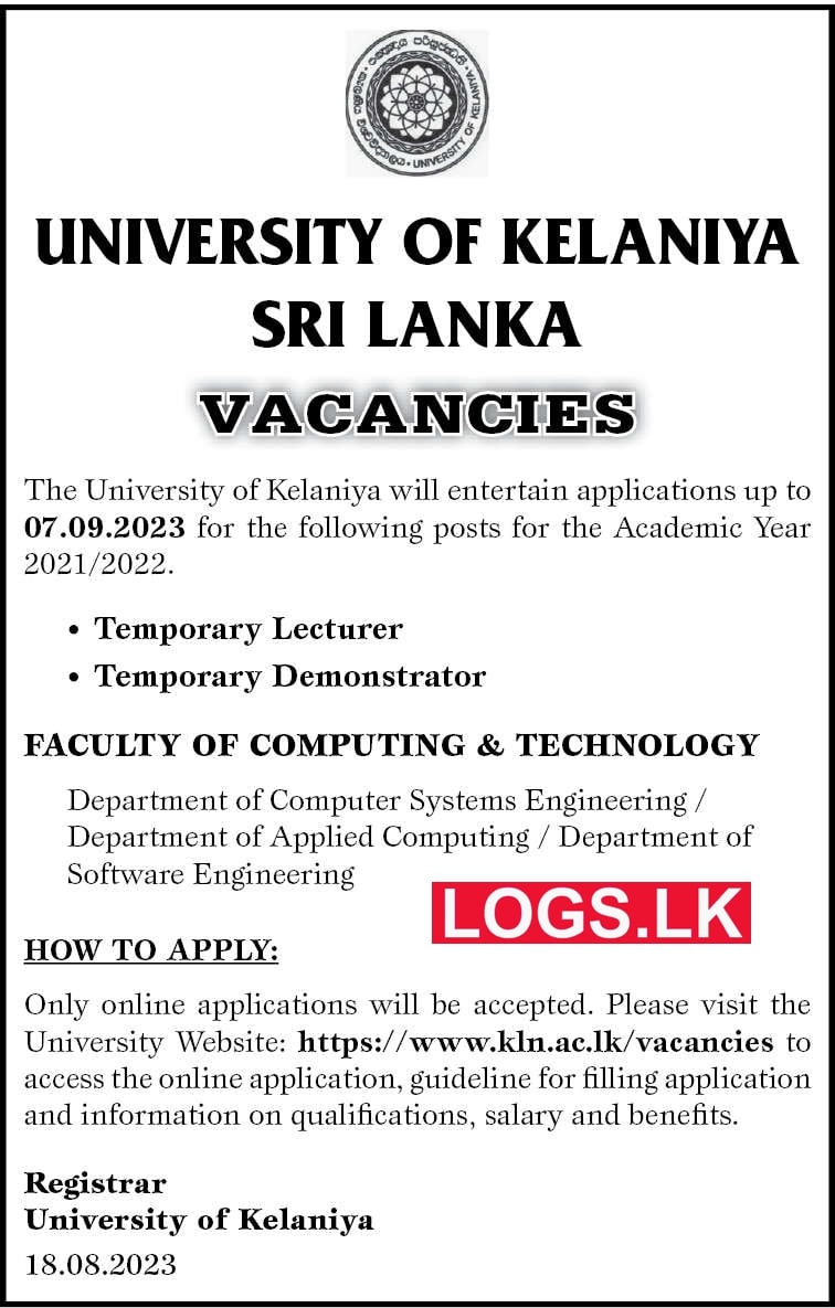 University of Kelaniya Temporary Job Vacancies 2023 Application Form, Details Download