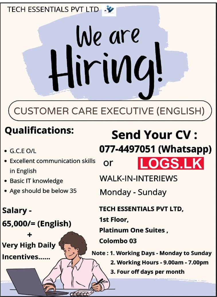 Customer Care Executive Job Vacancy at Tech Essentials (Pvt) Ltd Job Vacancies