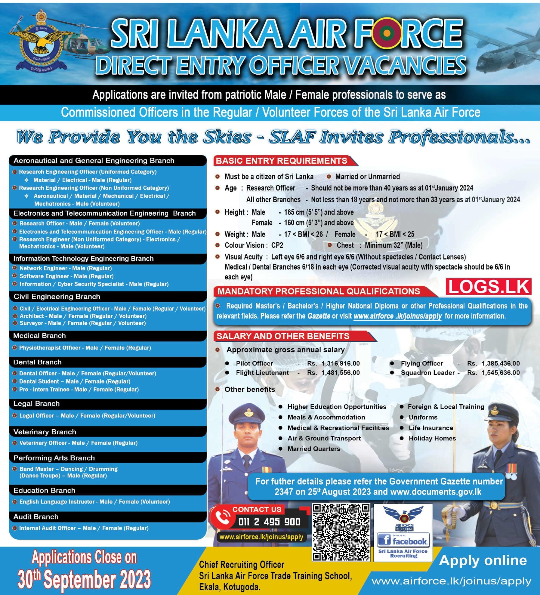 Sri Lanka Air Force Direct Entry Officer Vacancies 2023 Application Form, Details Download