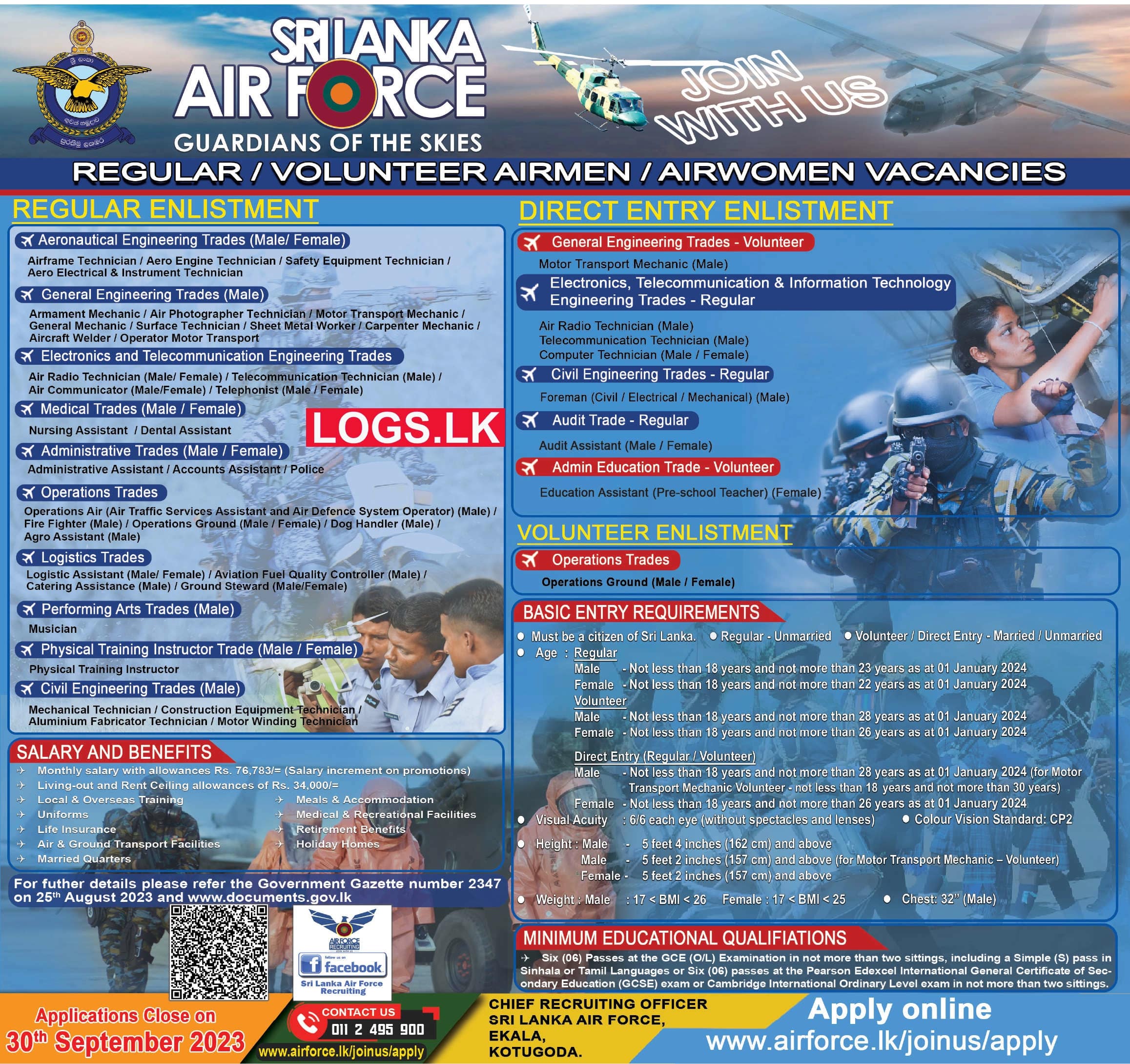 Sri Lanka Air Force Regular / Volunteer / Airmen / Airwomen Vacancies 2023 Application Form, Details Download