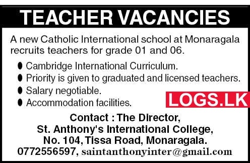 Teachers Vacancies at St. Anthony's International College Monaragala Job Vacancies