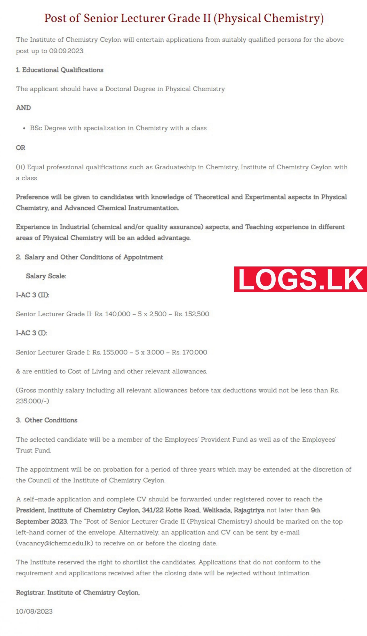 Senior Lecturer - Institute of Chemistry Ceylon Job Vacancies 2023 Application Form, Details Download