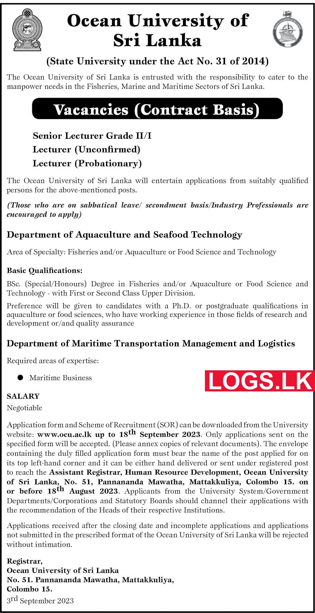 Lecturer / Senior Lecturer - Ocean University Job Vacancies 2023 Application Form