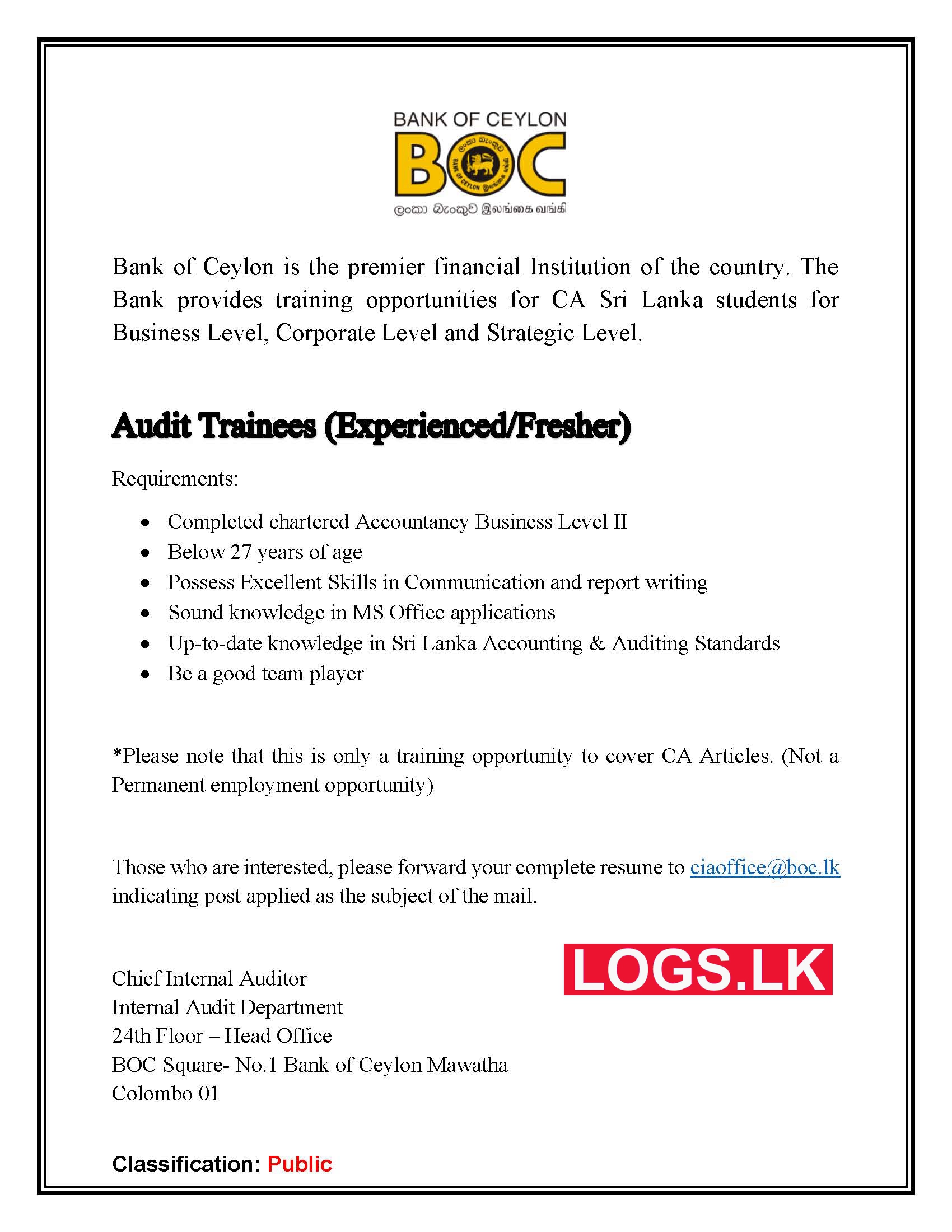 Audit Trainees - Bank of Ceylon Job Vacancies 2023 Application Form, Details Download