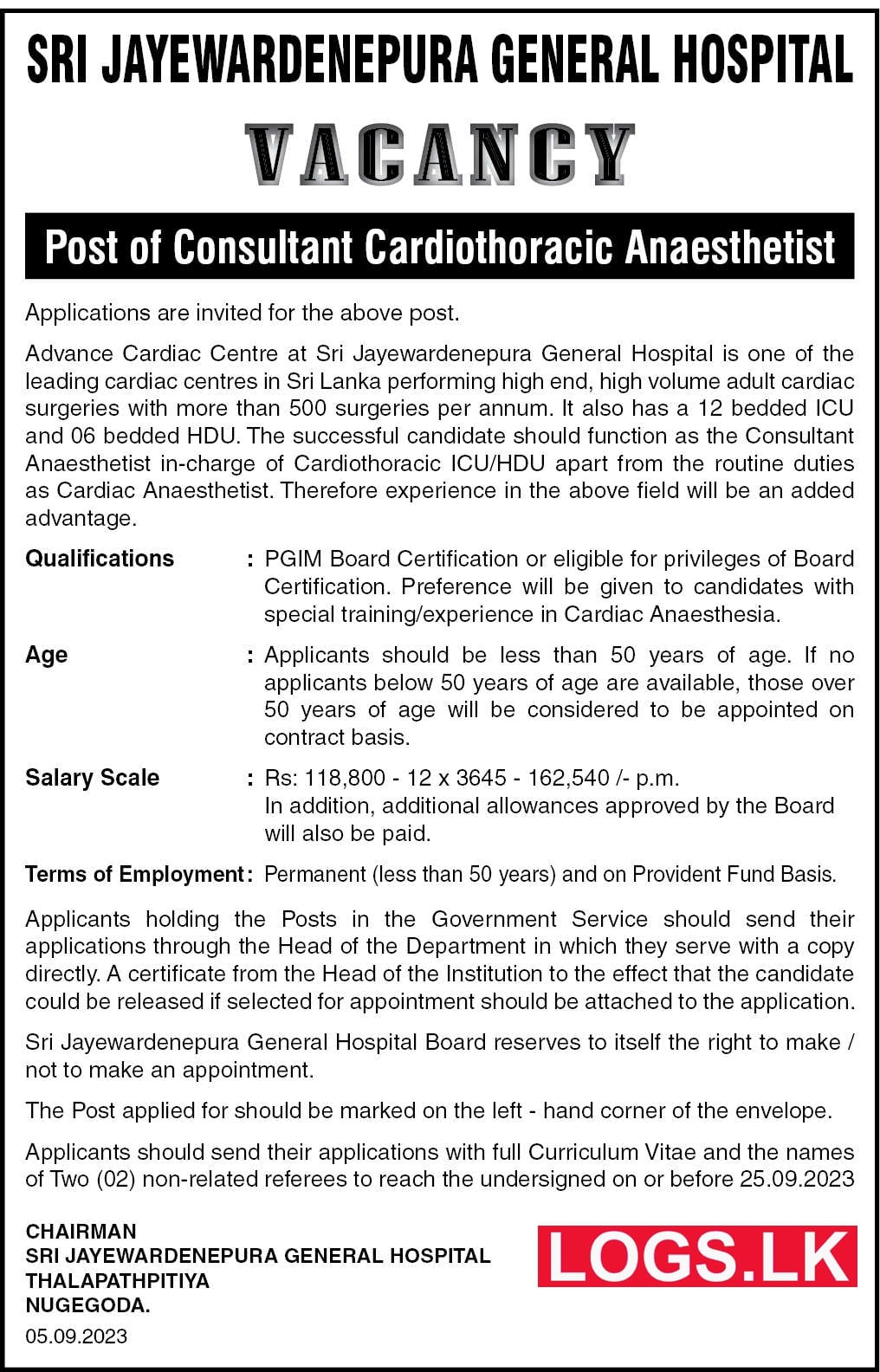 Consultant Cardiothoracic Anaesthetist - Sri Jayewardenepura General Hospital Vacancies 2023 Application