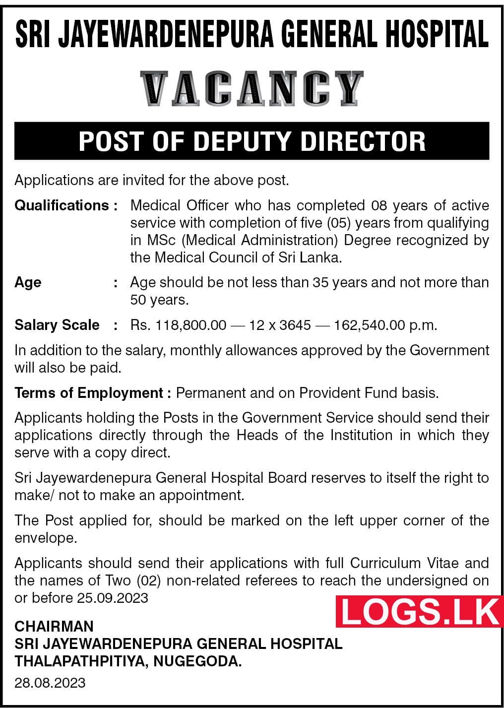 Deputy Director - Sri Jayewardenepura General Hospital Vacancies 2023 Application Form