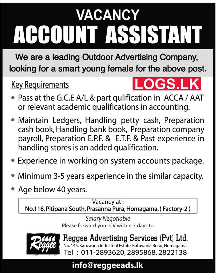 Account Assistant Job Vacancy at Reggee Advertising Services (Pvt) Ltd Company Sri Lanka