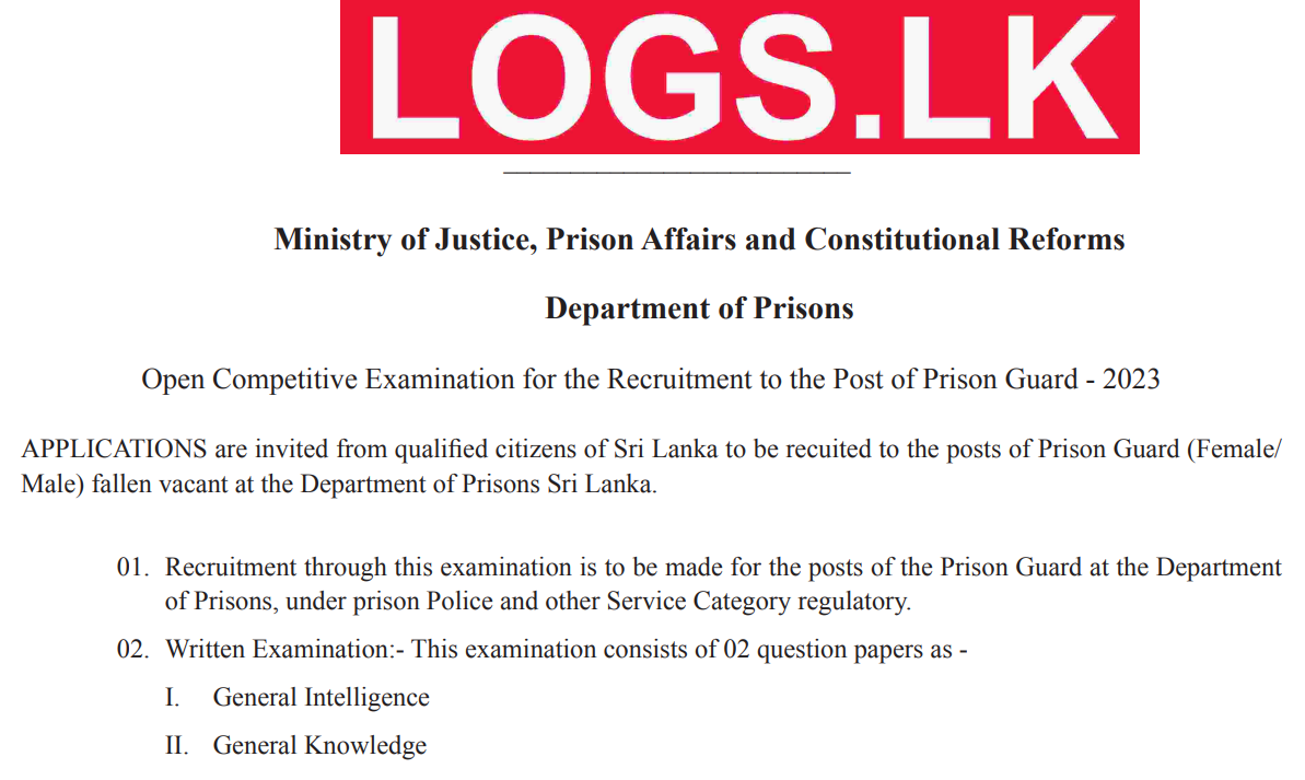 Prison Guard Job Vacancies (Open Exam) 2023 – Department of Prisons Application Form, Details Download in Sinhala Tamil English