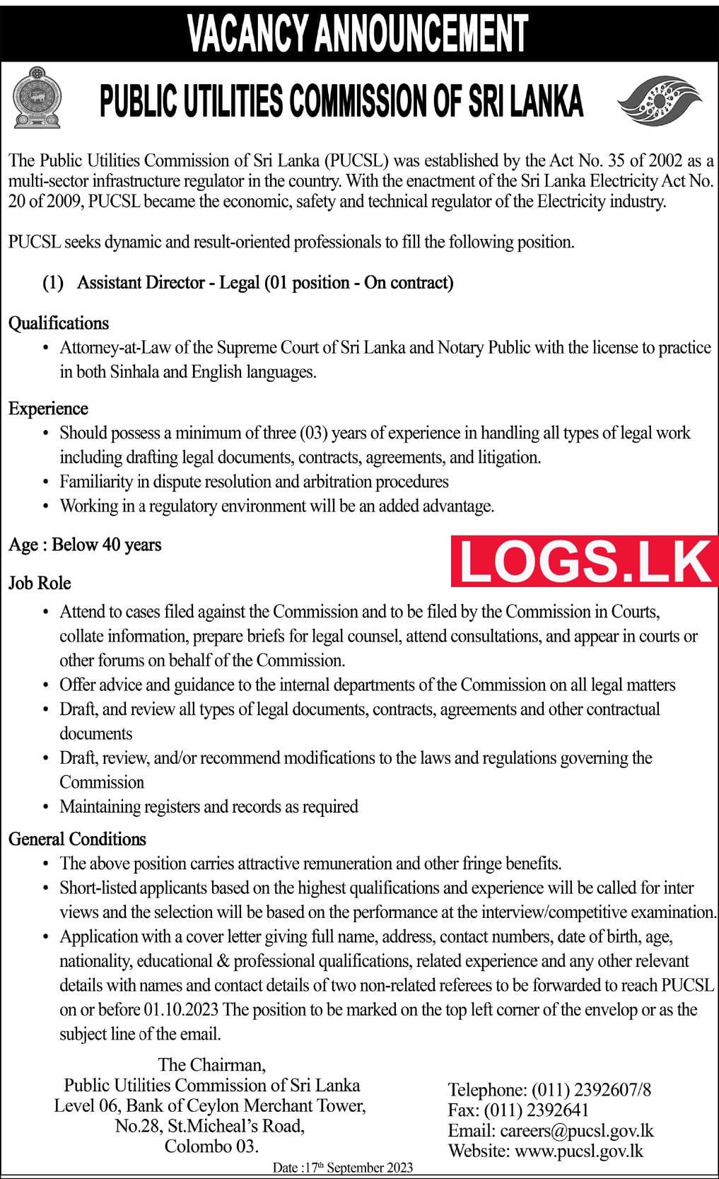 Assistant Director (Legal) - Public Utilities Commission Vacancies 2023 Application Form