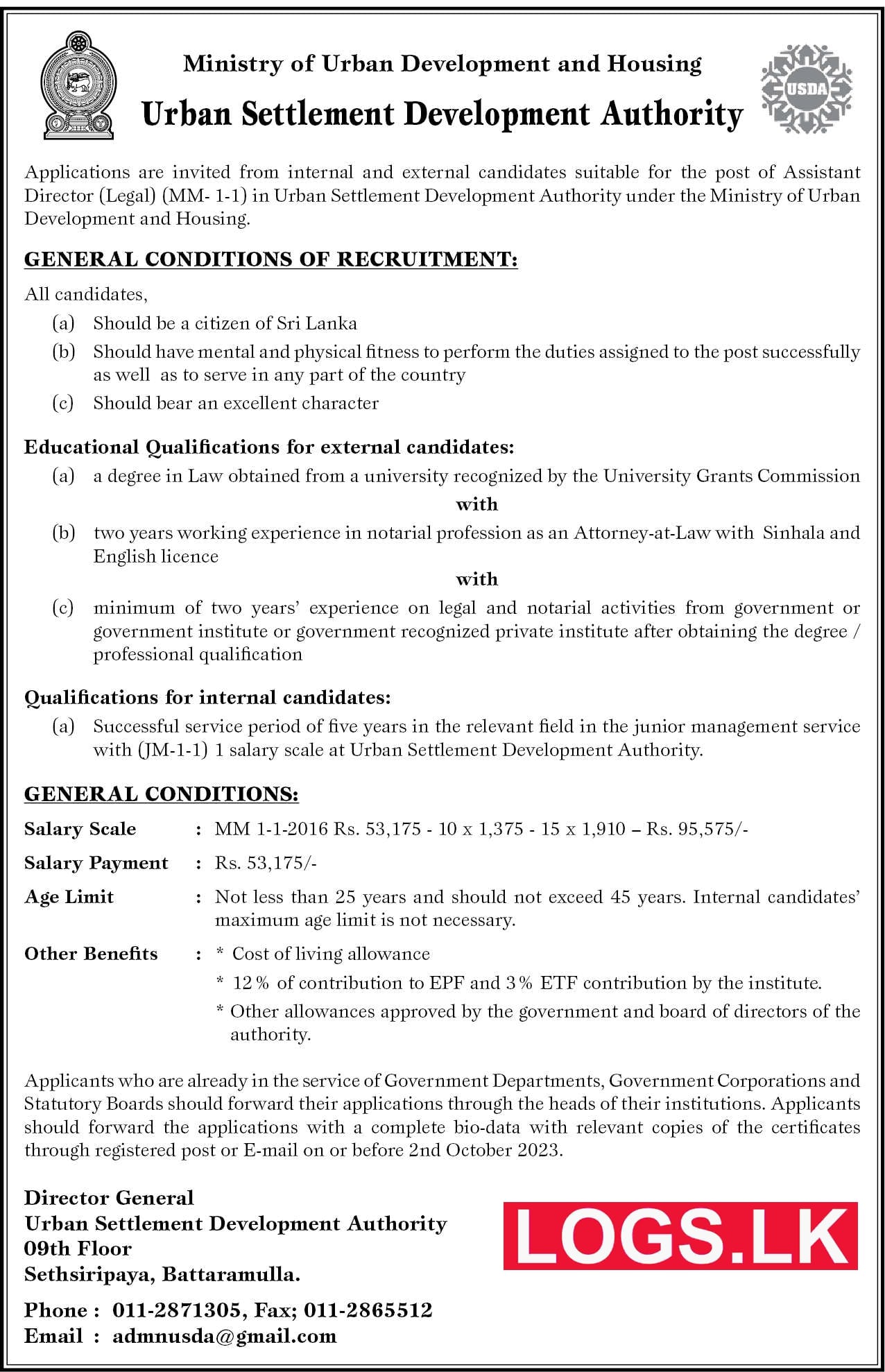 Assistant Director (Legal) - Urban Settlement Development Authority Vacancies 2023 Application Form