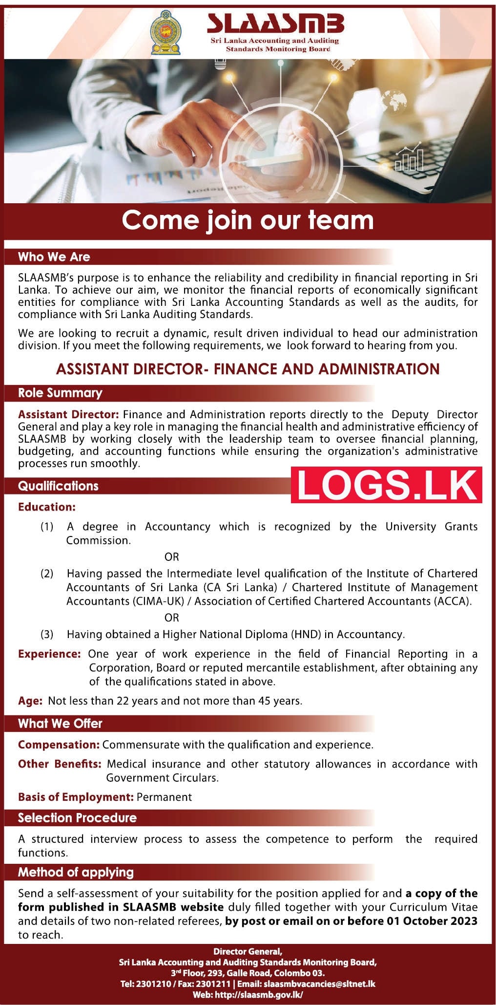 Assistant Director - Sri Lanka Accounting and Auditing Standards Monitoring Board Vacancies 2023 Application Form