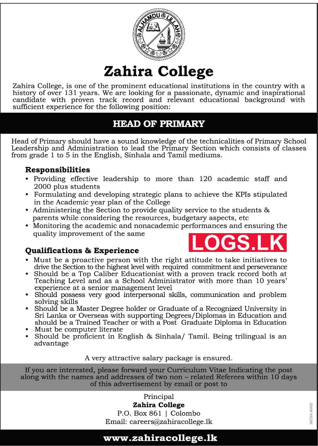 Head of Primary Job Vacancy at Zahira College Colombo Job Vacancies