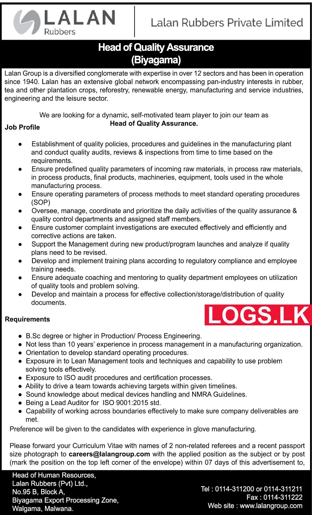 Head of Quality Assurance Vacancy at Lalan Rubbers (Pvt) Ltd Company Sri Lanka