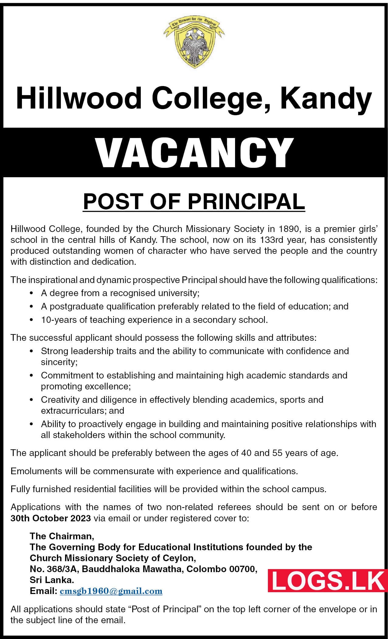 Principal Job Vacancy at Hillwood College Kandy Job Vacancies