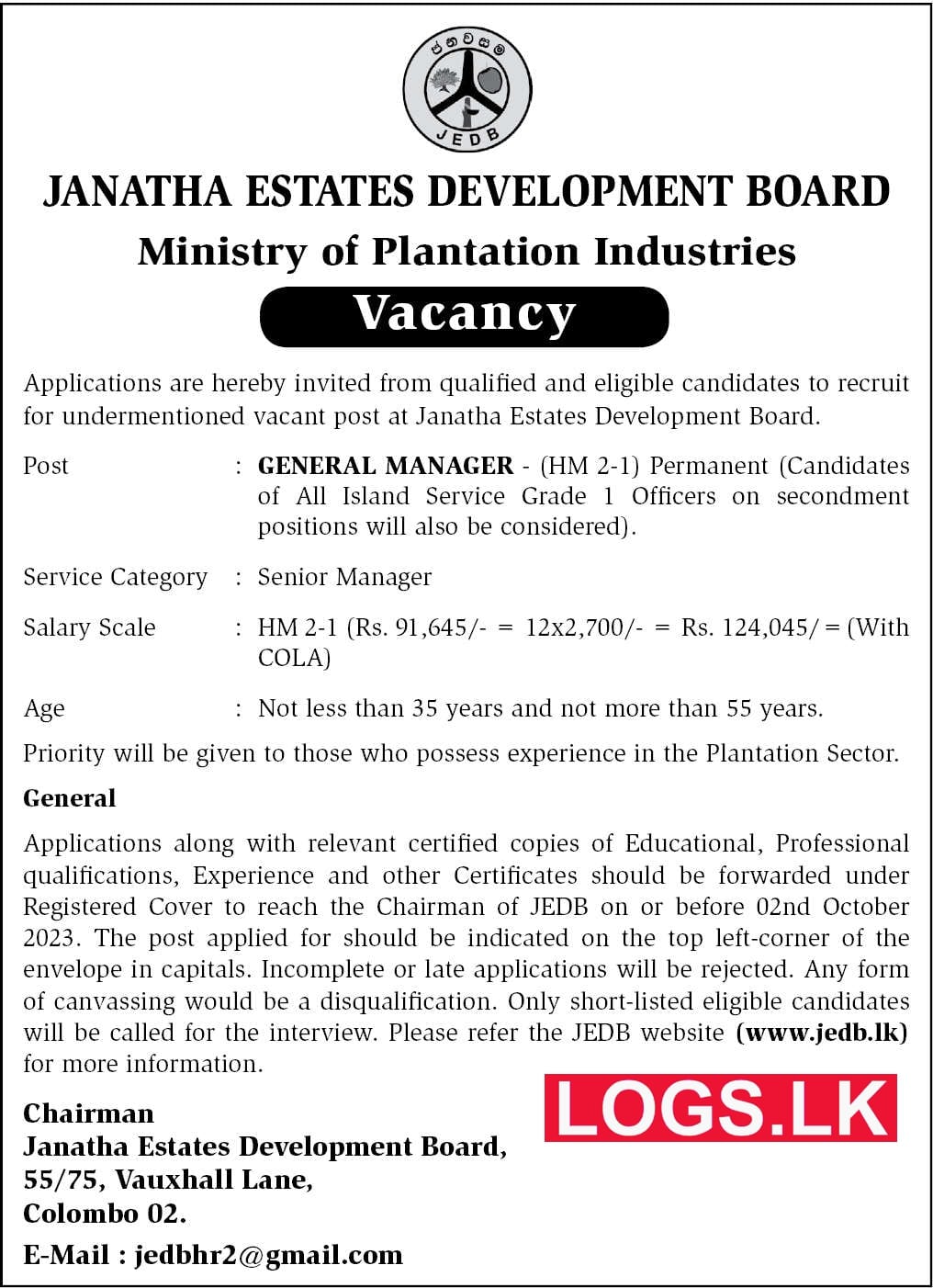 General Manager - Janatha Estates Development Board Job Vacancies 2023 Application Form