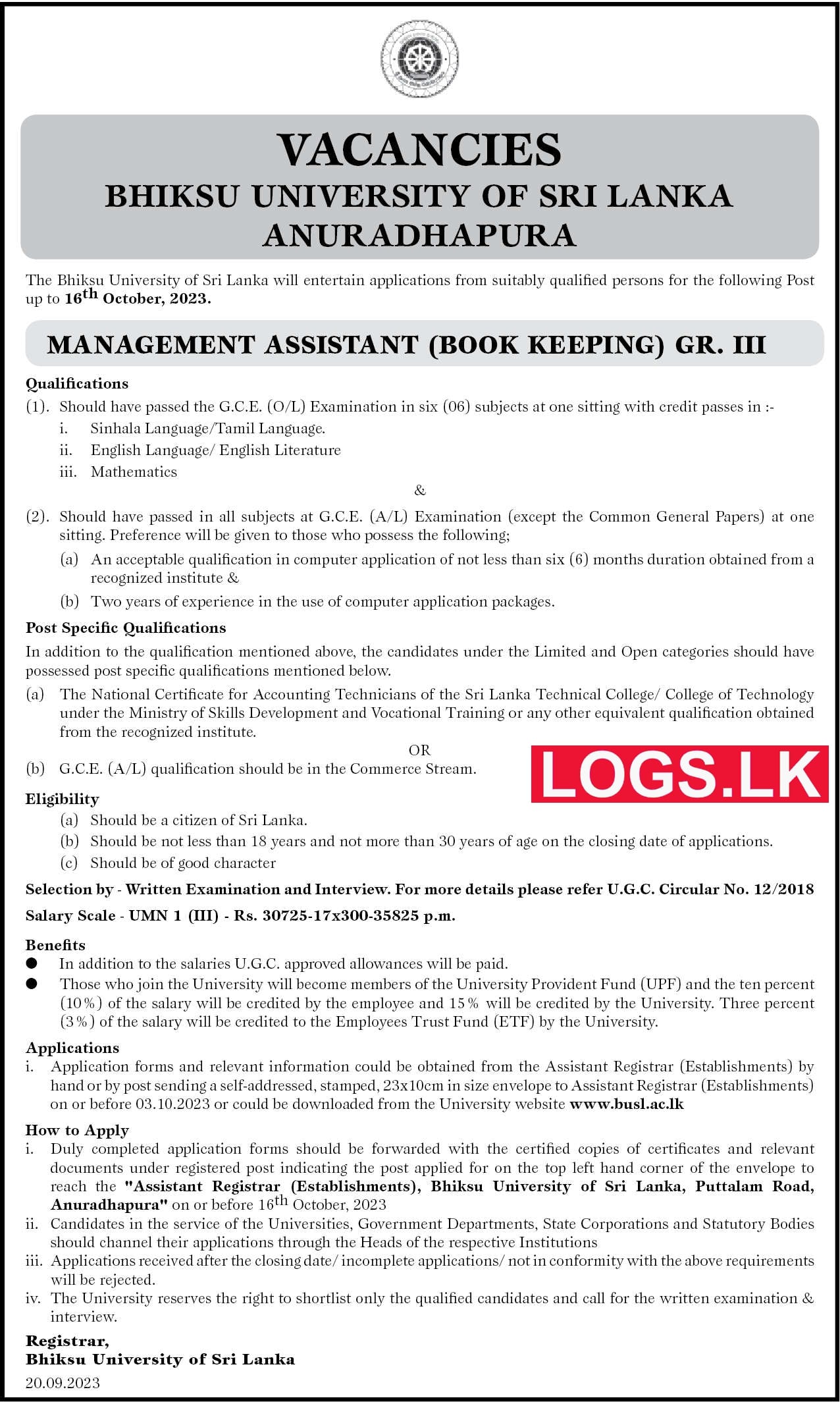 Management Assistant - Bhiksu University of Sri Lanka Anuradhapura Vacancies 2023 Application Form