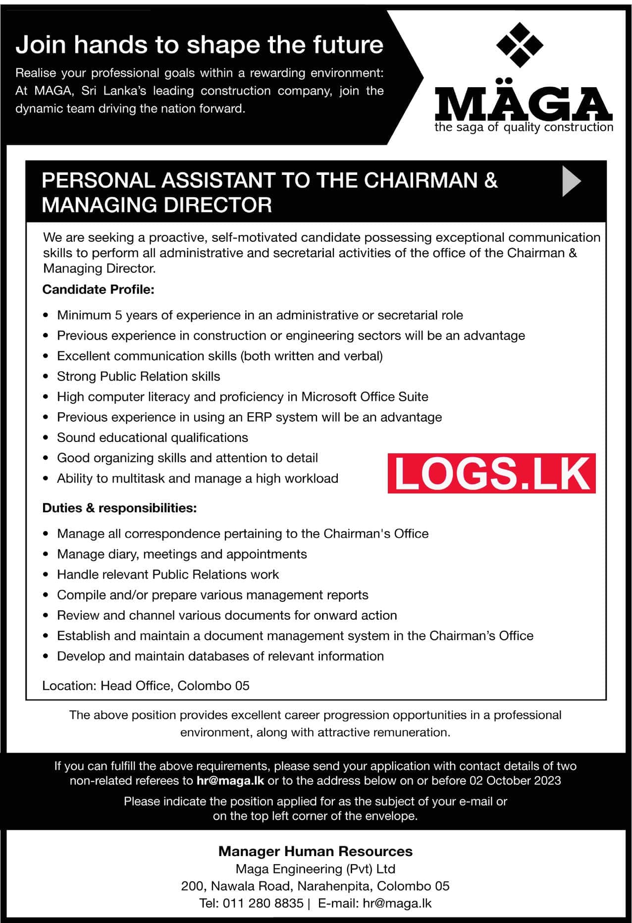 Personal Assistant Job Vacancy at Maga Engineering (Pvt) Ltd Job Vacancies