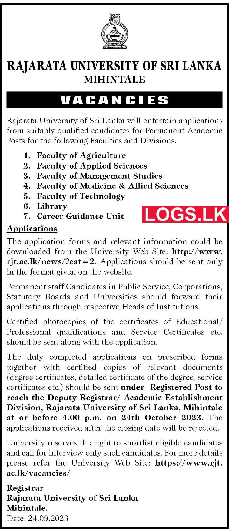 Rajarata University of Sri Lanka Mihintale Job Vacancies 2023 Application Form